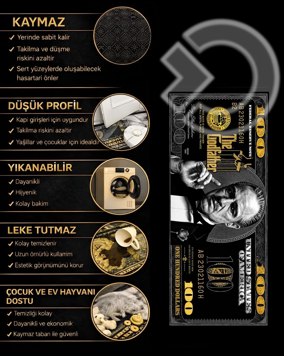 The Godfather Gold Dollar X Özel Tasarım Kaymaz Taban Halı