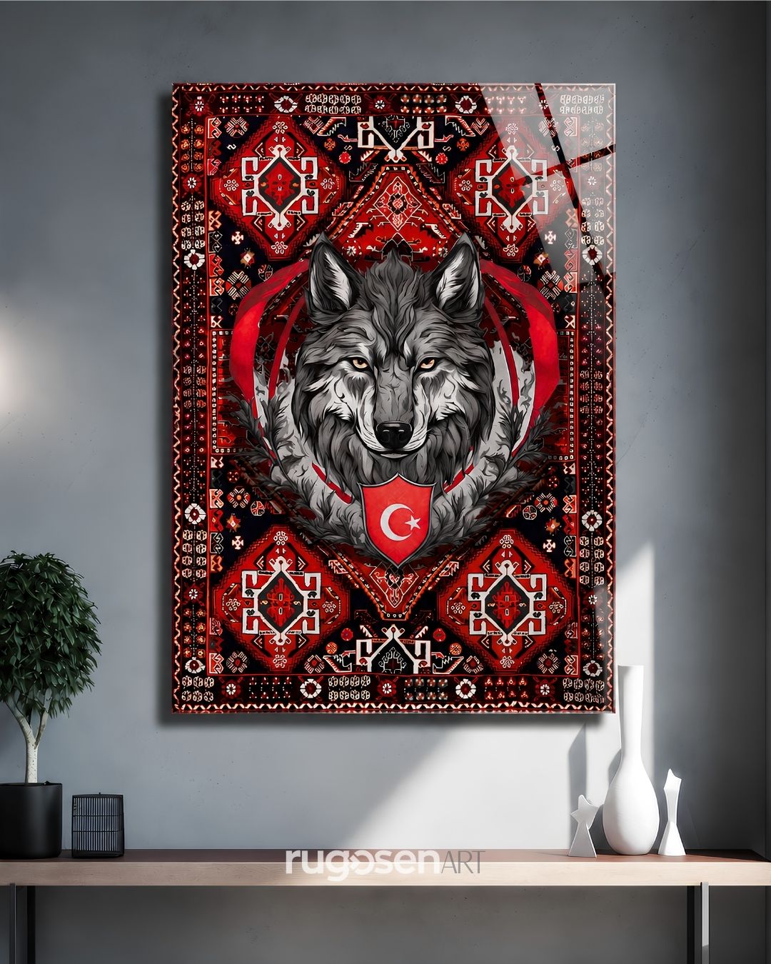 Kızıl Bozkurt Etnik Hayvan Temalı Temperli Cam Tablo