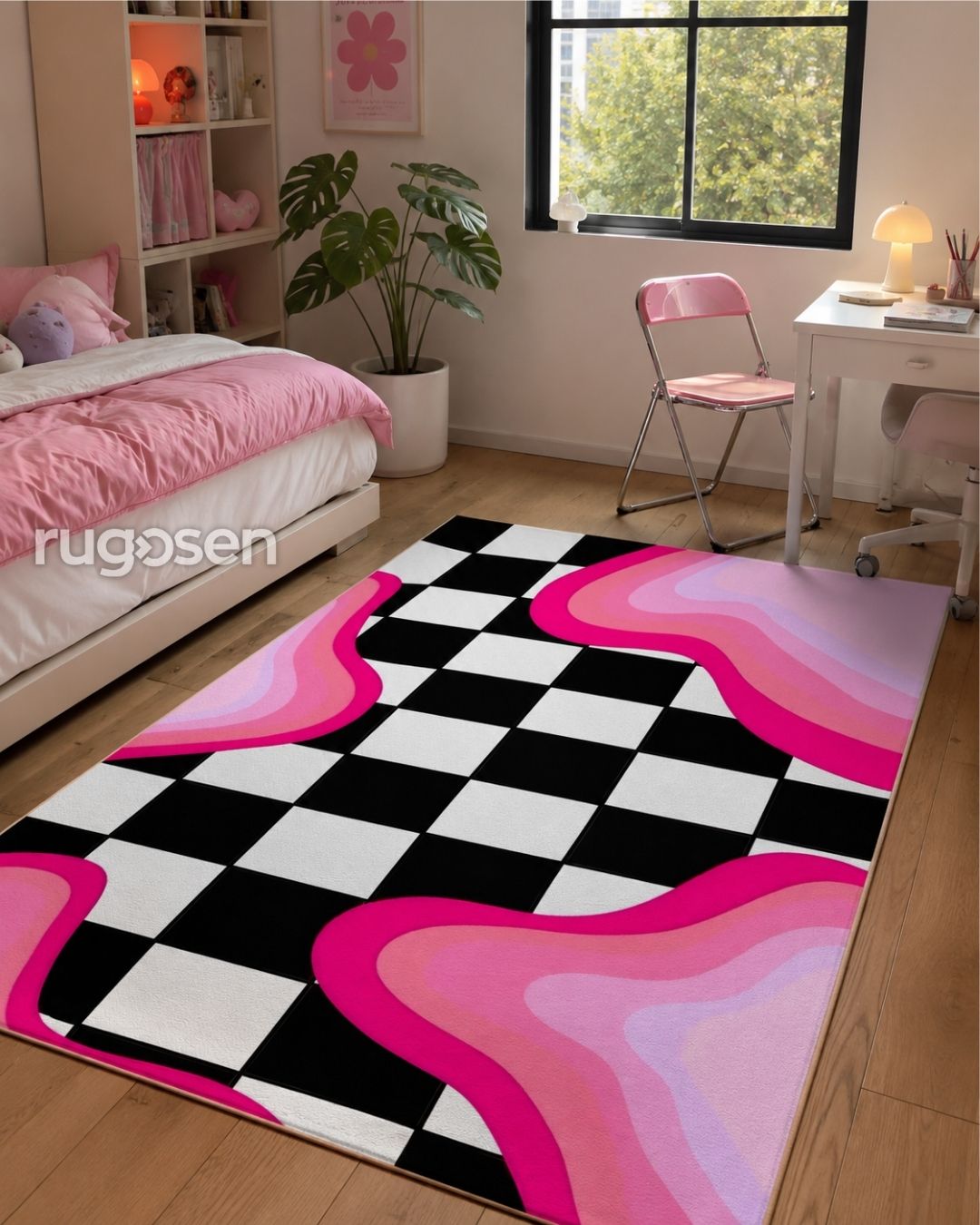 Pink Dama - Kaymaz Taban - Damalı Desen Modern Halı