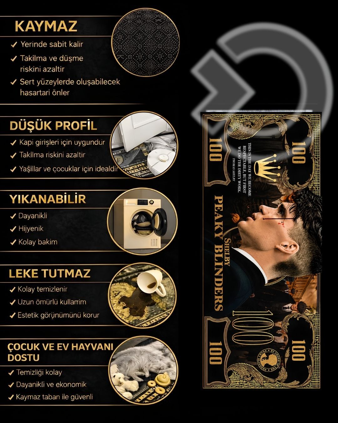 Tommy Shelby Dollar X Özel Tasarım Kaymaz Taban Halı