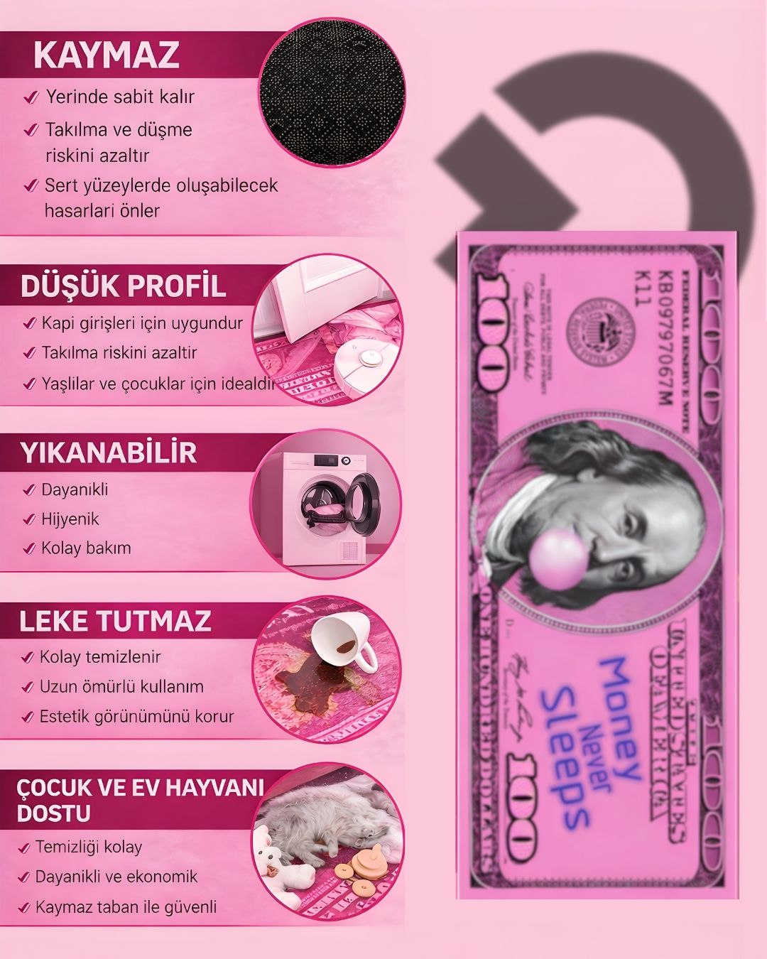 Pink Dollar X Özel Tasarım Kaymaz Taban Halı