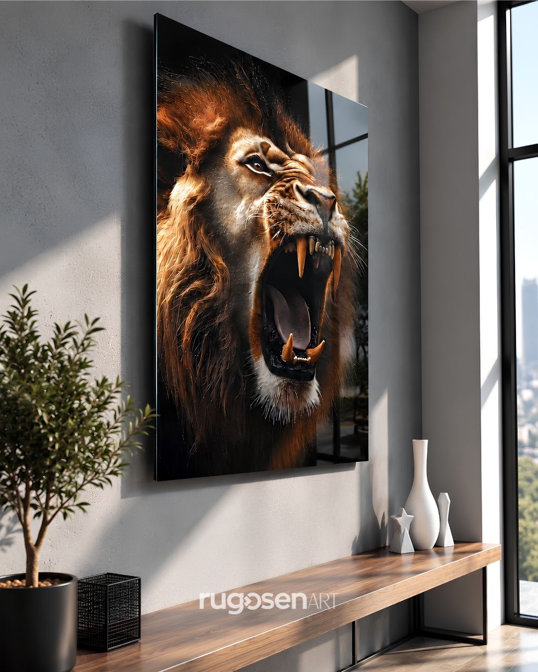 Kükreyen Aslan Hayvan Temalı Temperli Cam Tablo