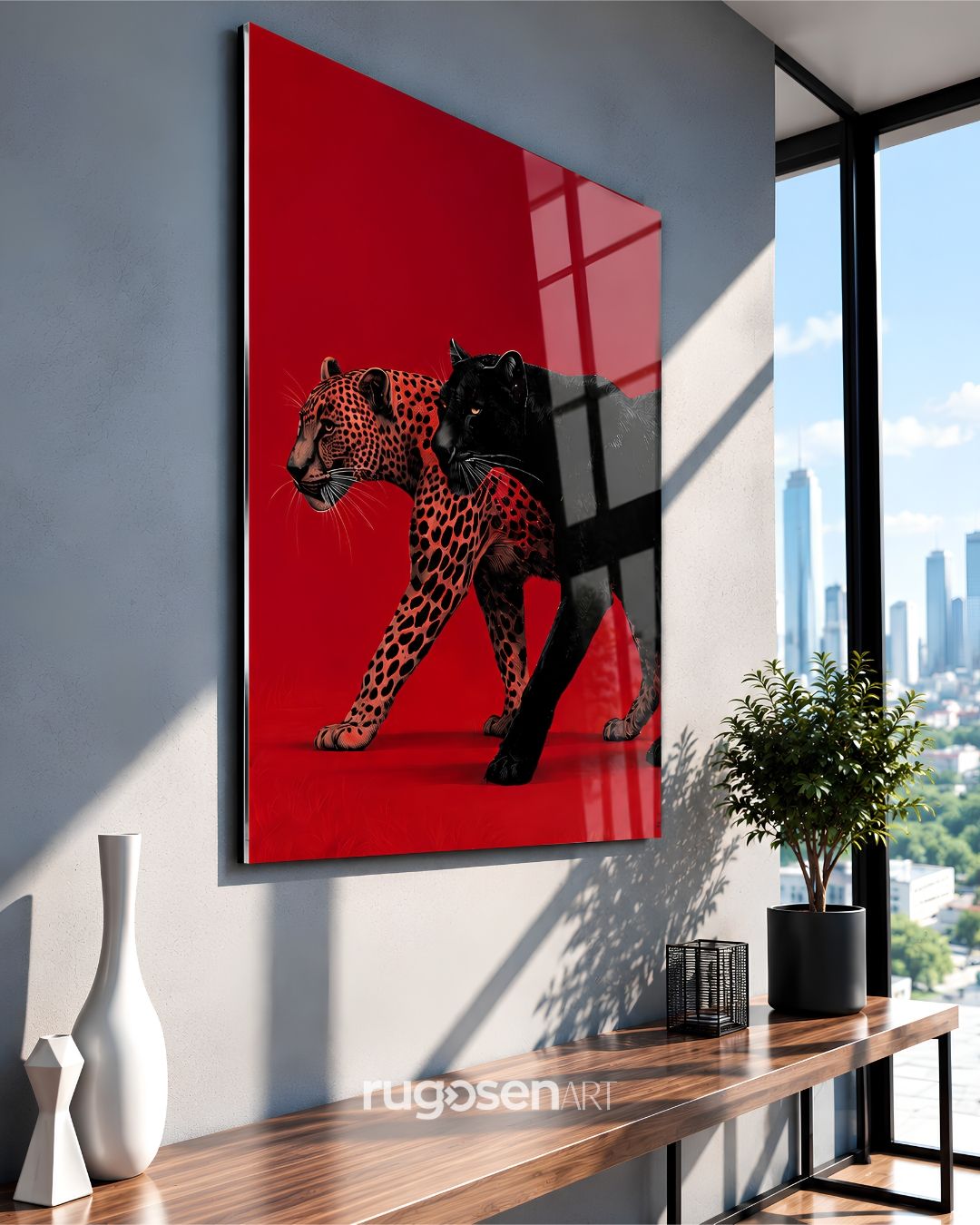 Çift Panter Hayvan Temalı Temperli Cam Tablo