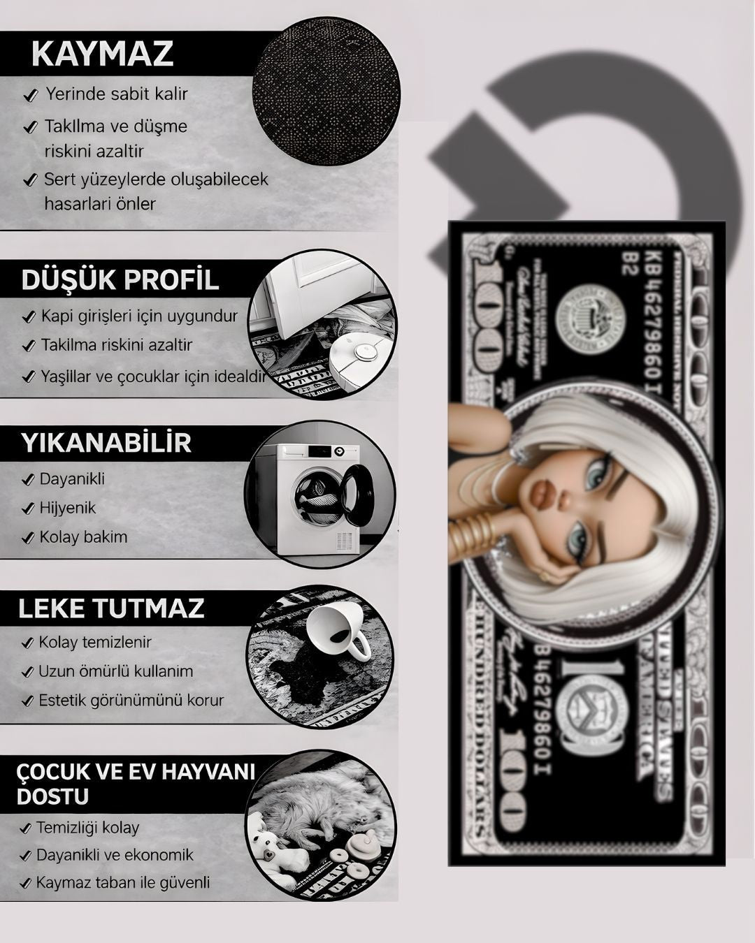 Pretty Dollar X Özel Tasarım Kaymaz Taban Halı