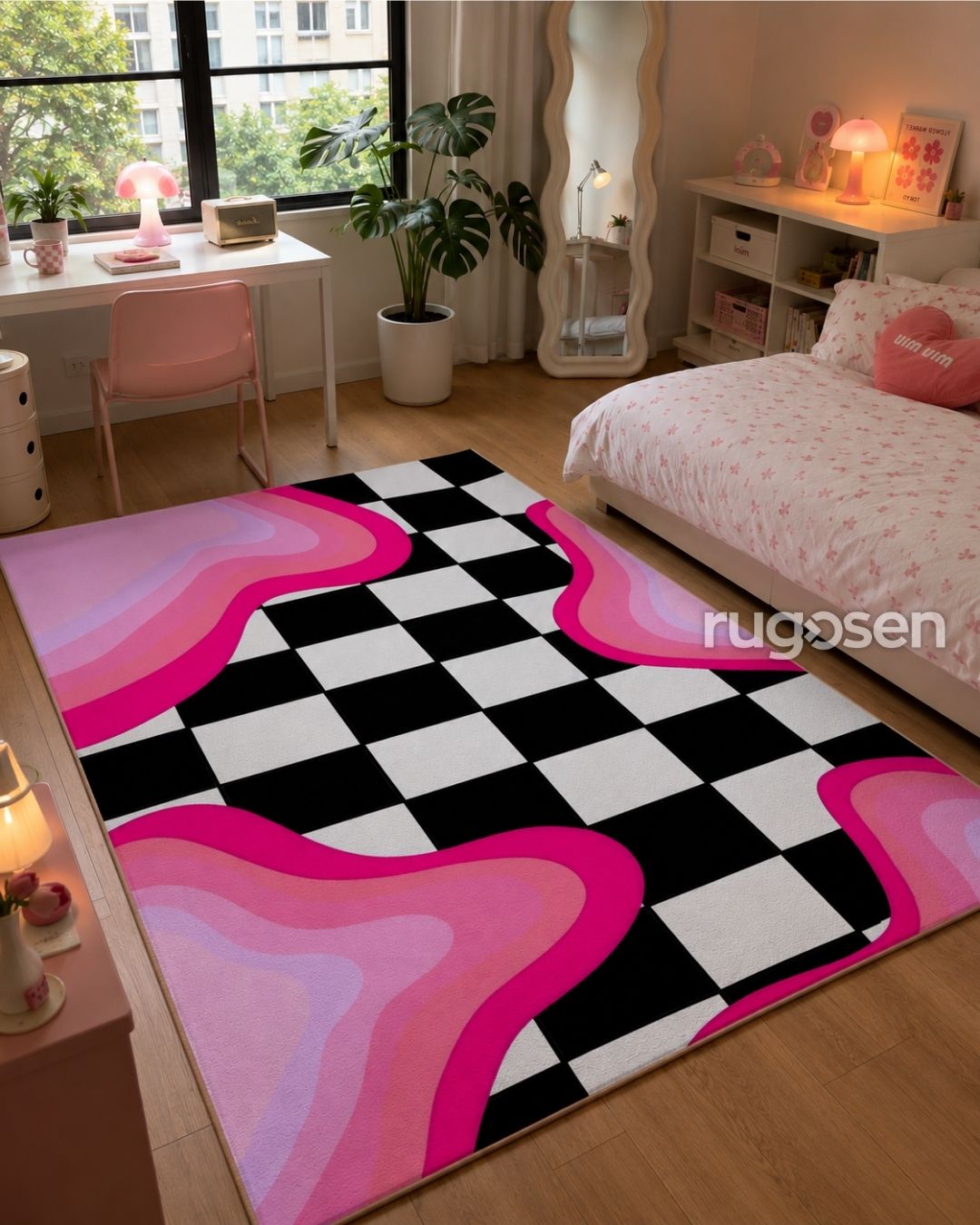 Pink Dama - Kaymaz Taban - Damalı Desen Modern Halı