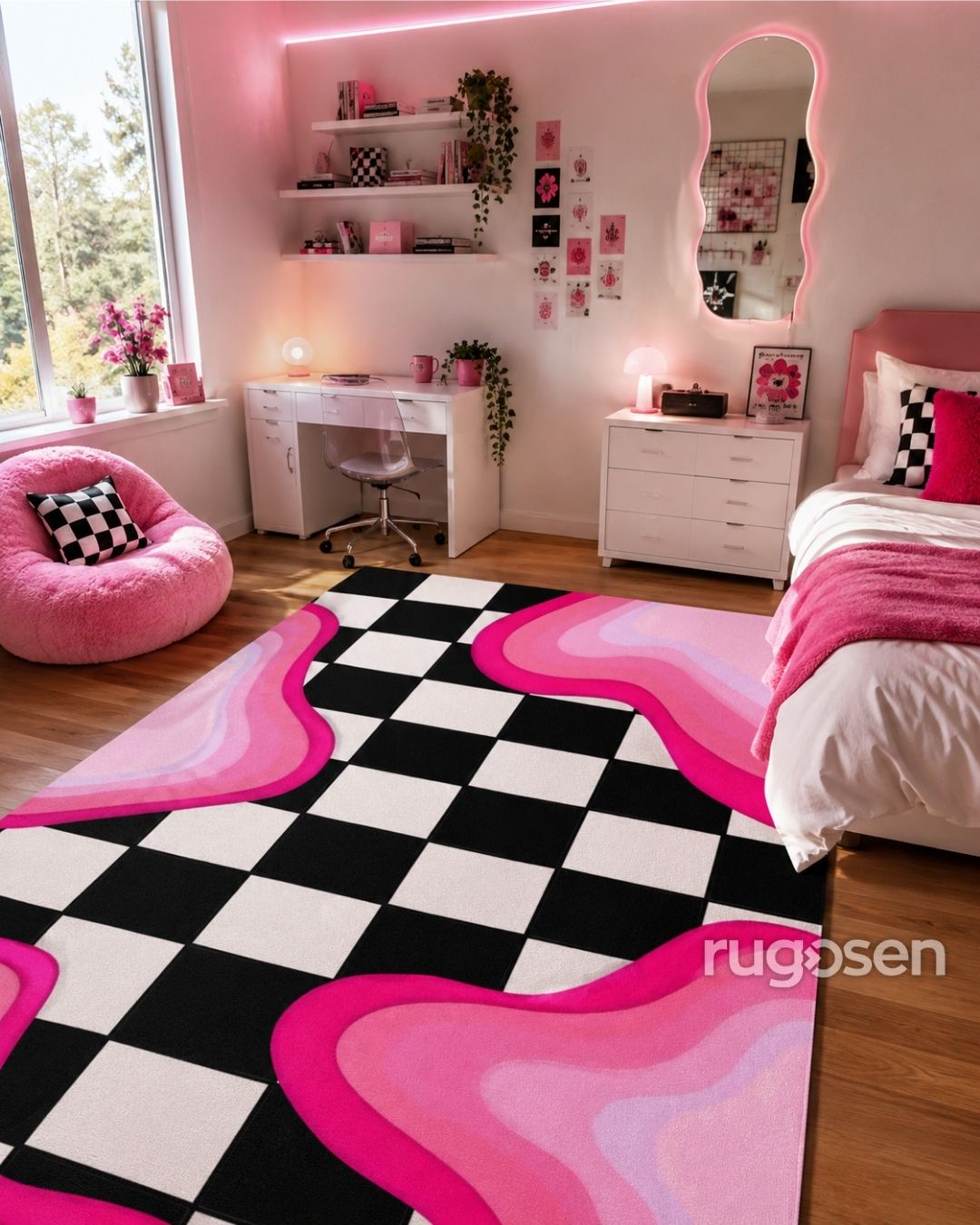 Pink Dama - Kaymaz Taban - Damalı Desen Modern Halı
