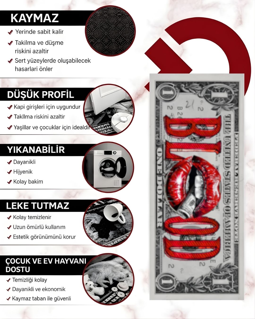 Blood Dollar X Özel Tasarım Kaymaz Taban Halı