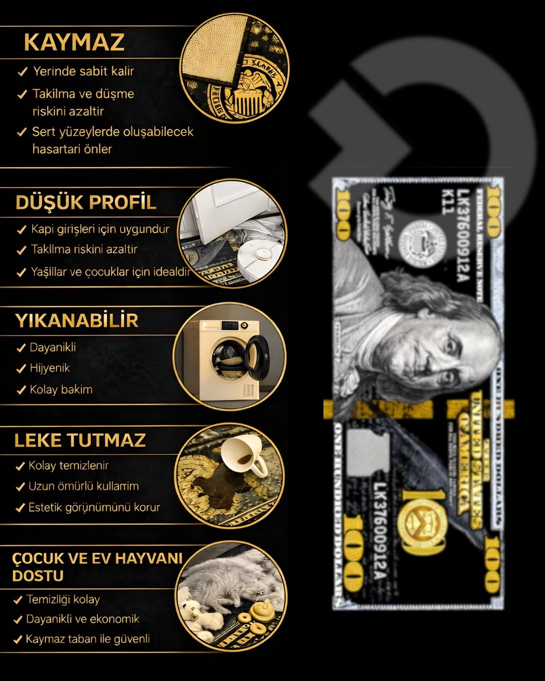 Golden Dollar X Özel Tasarım Kaymaz Taban Halı