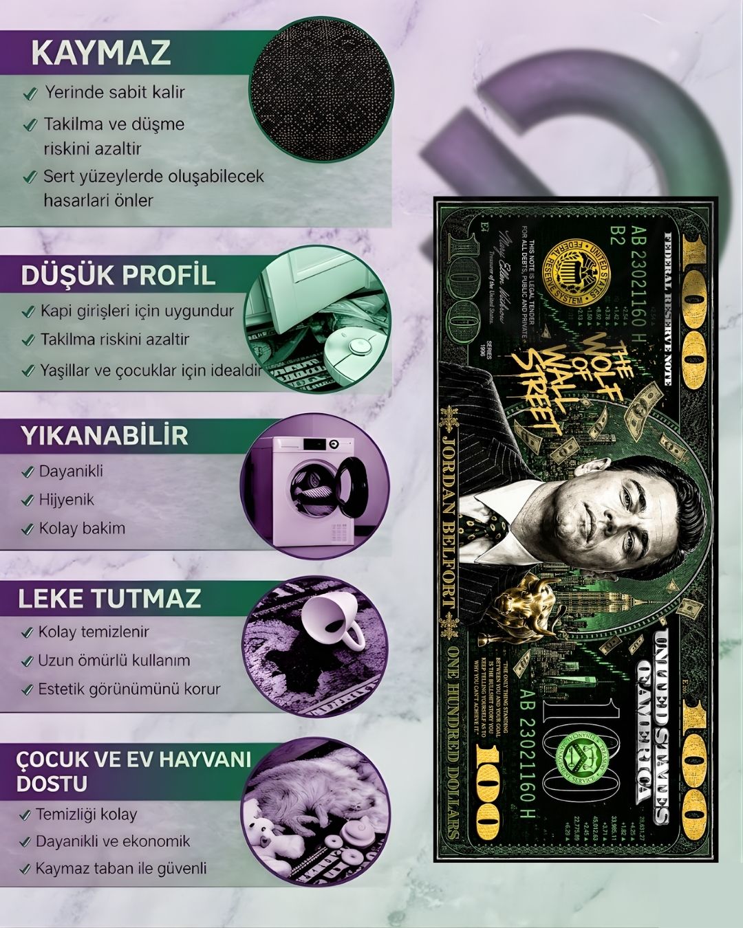 Jordan Belfort Dollar X Özel Tasarım Kaymaz Taban Halı
