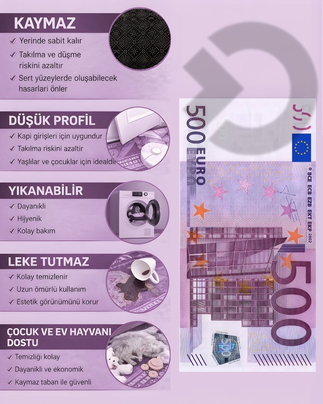 500 Euro X Özel Tasarım Kaymaz Taban Halı