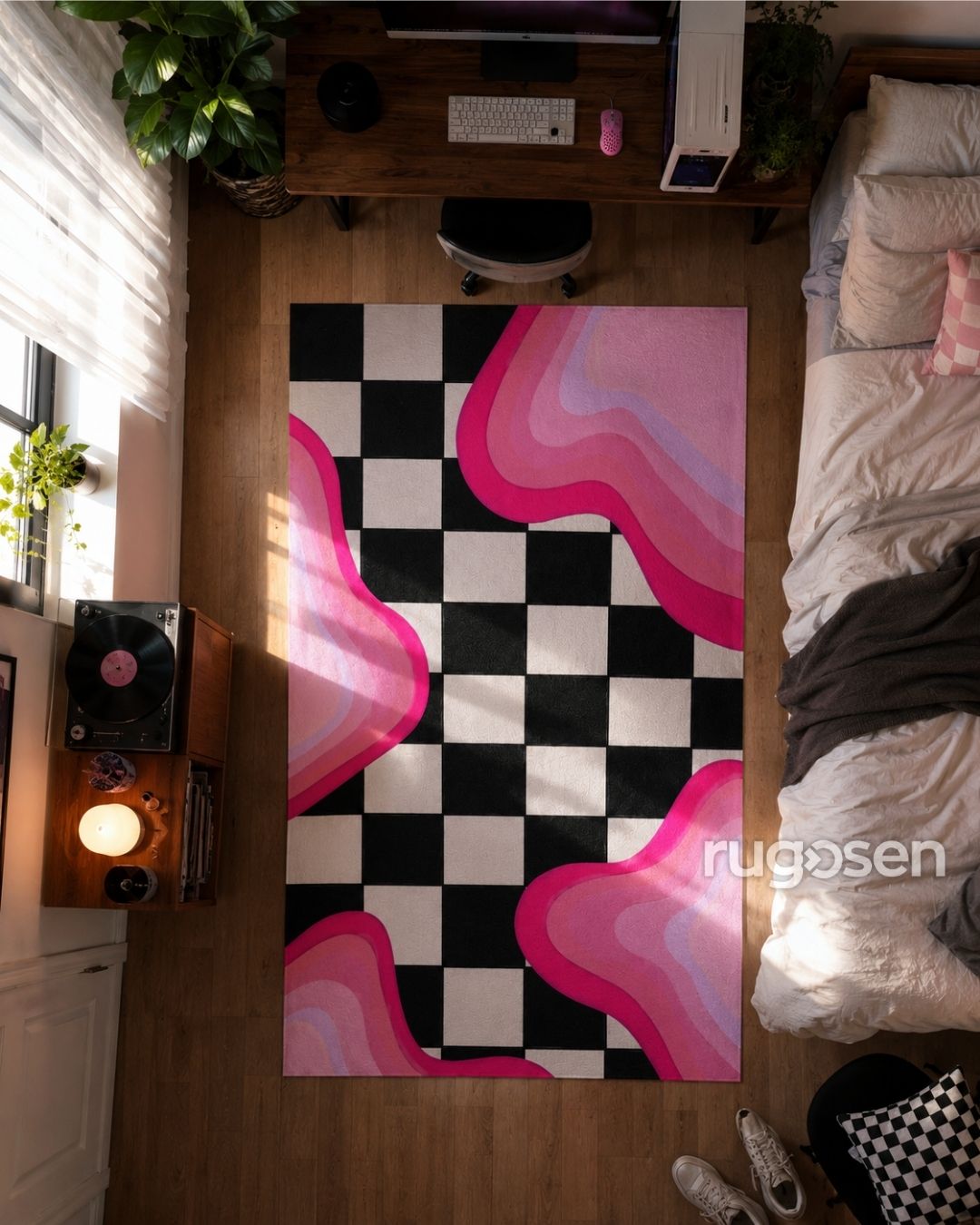 Pink Dama - Kaymaz Taban - Damalı Desen Modern Halı