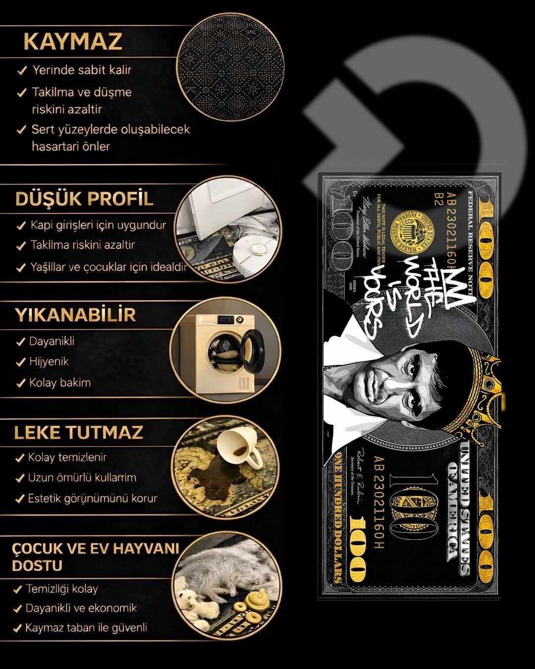 Tony Montana Dollar X Özel Tasarım Kaymaz Taban Halı