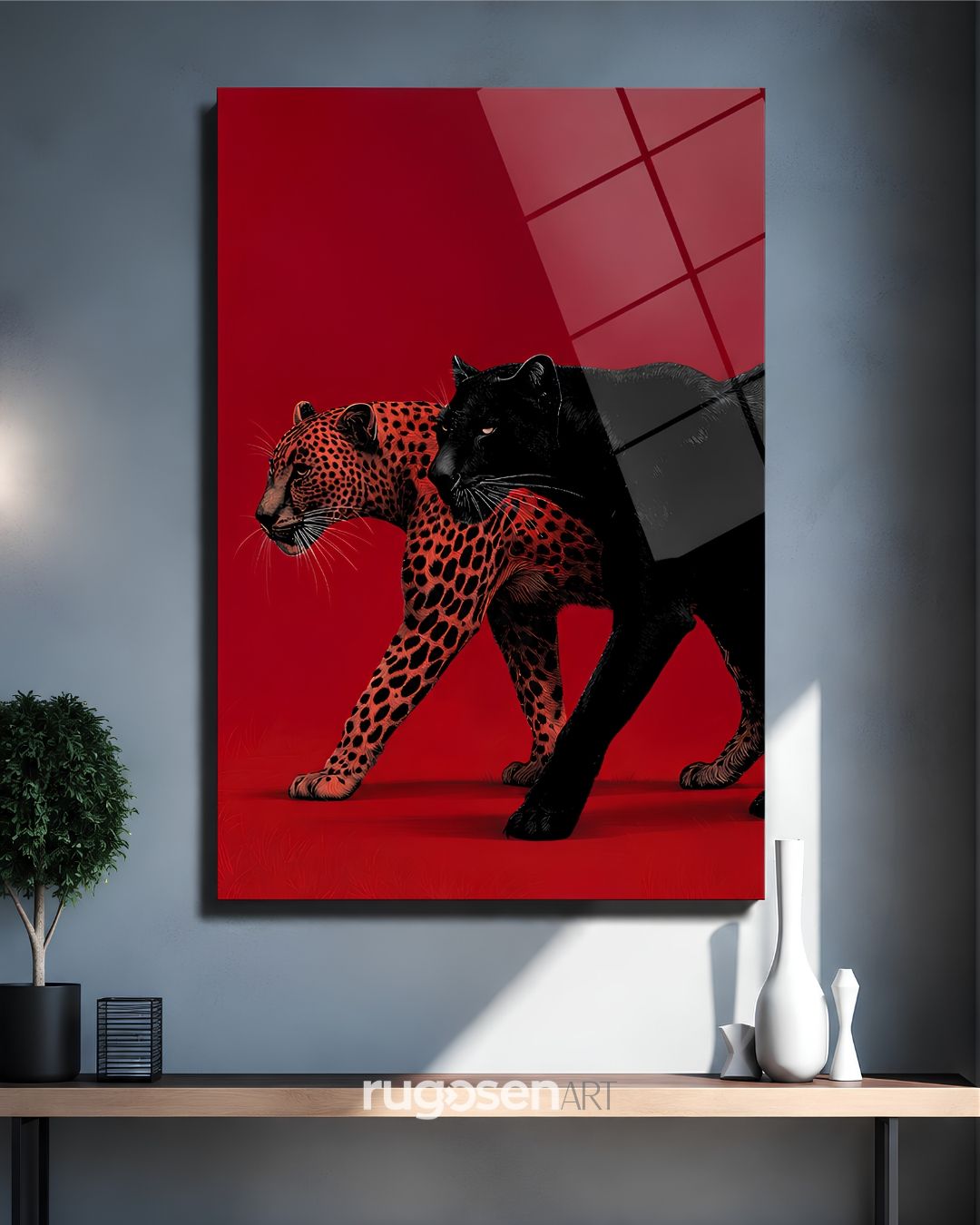 Çift Panter Hayvan Temalı Temperli Cam Tablo