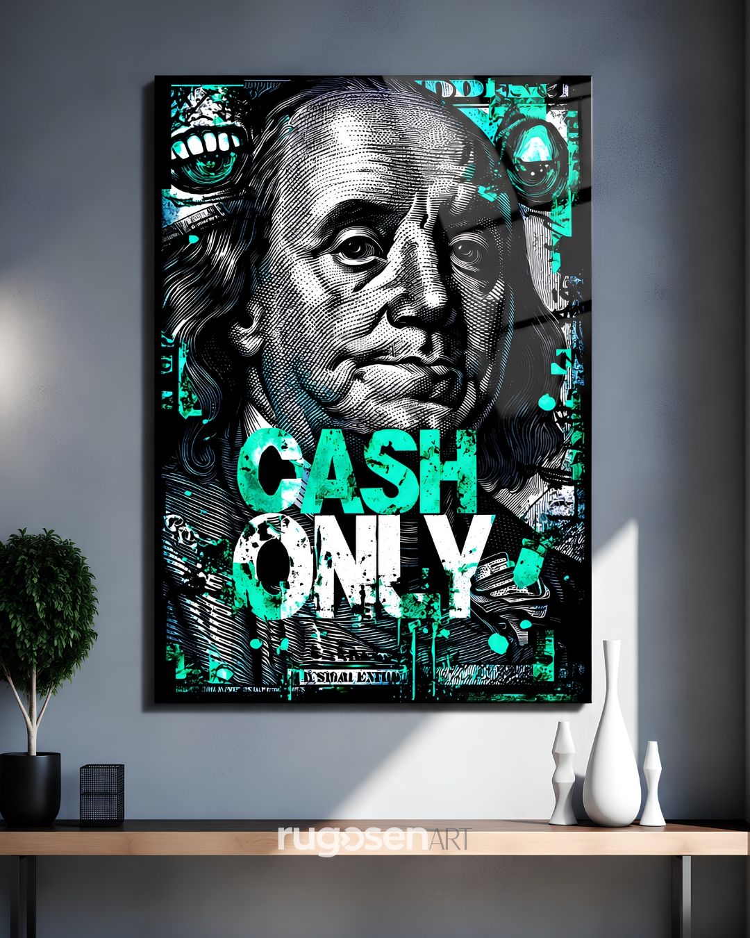 Cash Only Para Temalı Temperli Cam Tablo