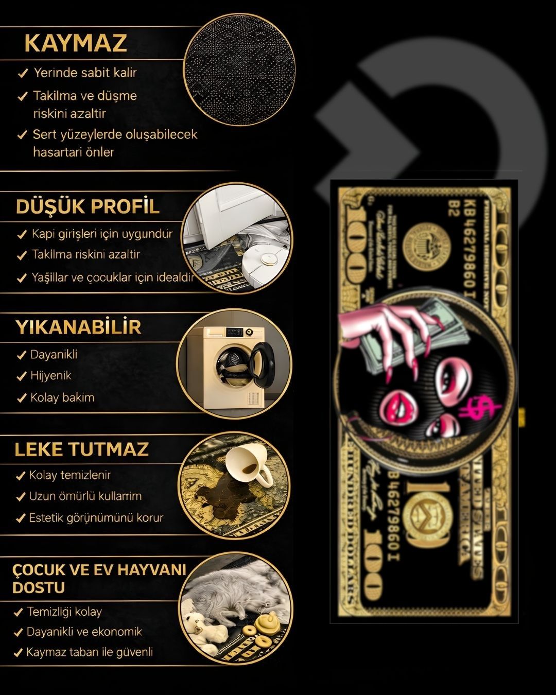 Lady Dollar X Özel Tasarım Kaymaz Taban Halı