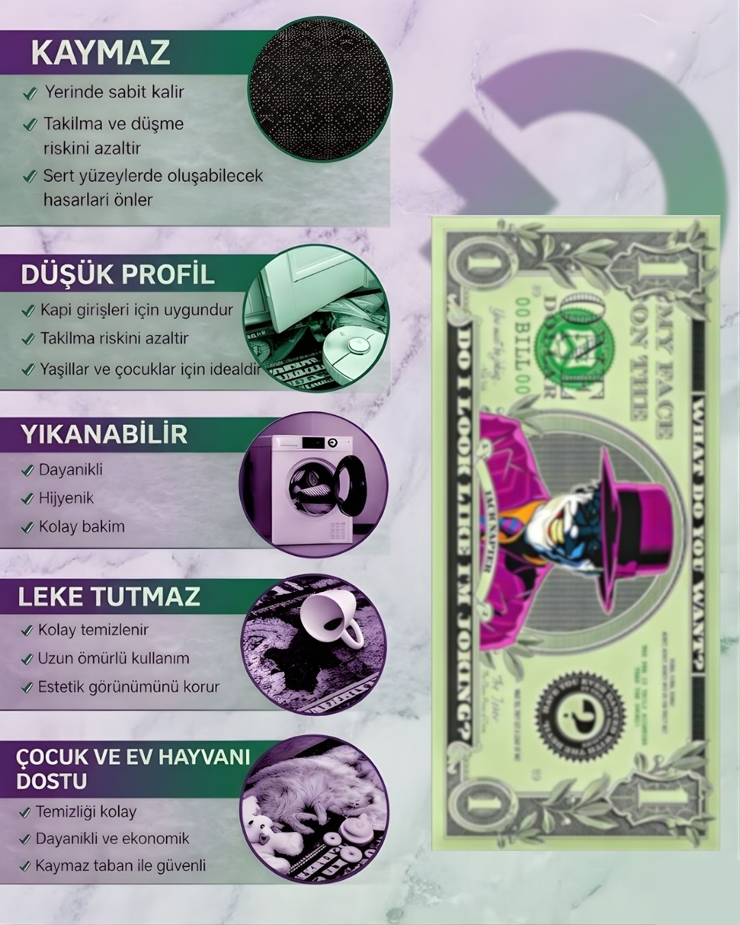 Joker Dollar X Özel Tasarım Kaymaz Taban Halı