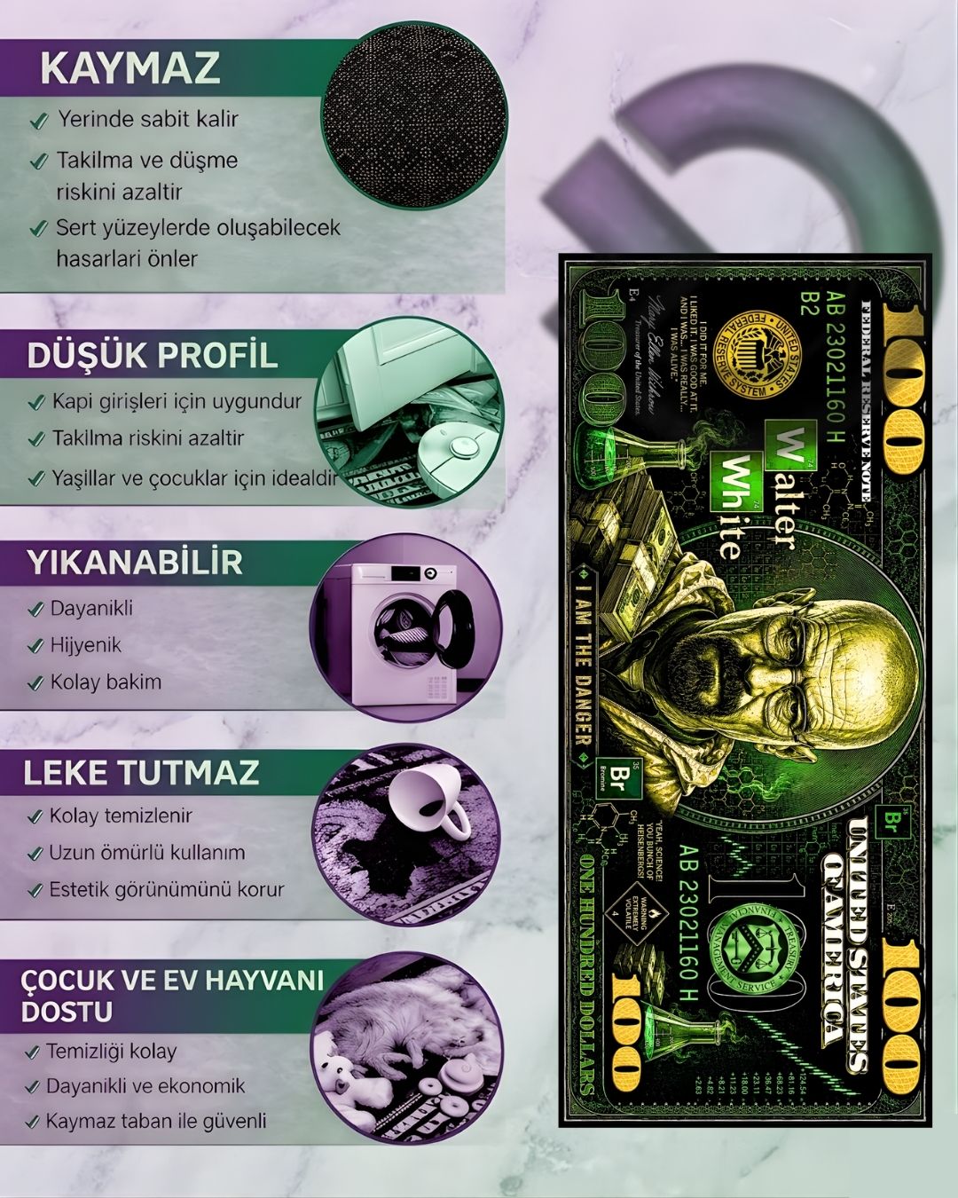 Heisenberg Dollar X Özel Tasarım Kaymaz Taban Halı
