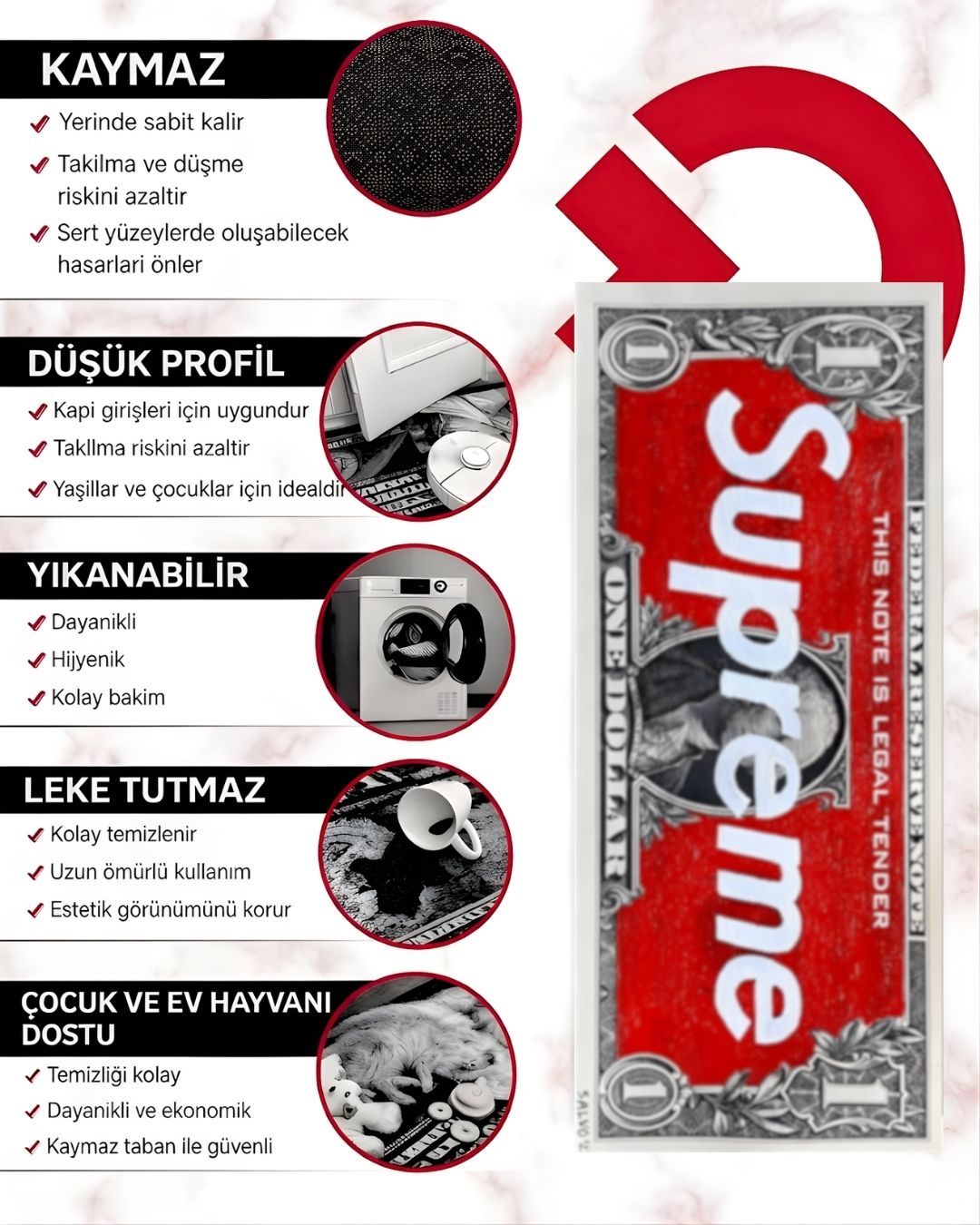 Supreme Dollar X Özel Tasarım Kaymaz Taban Halı