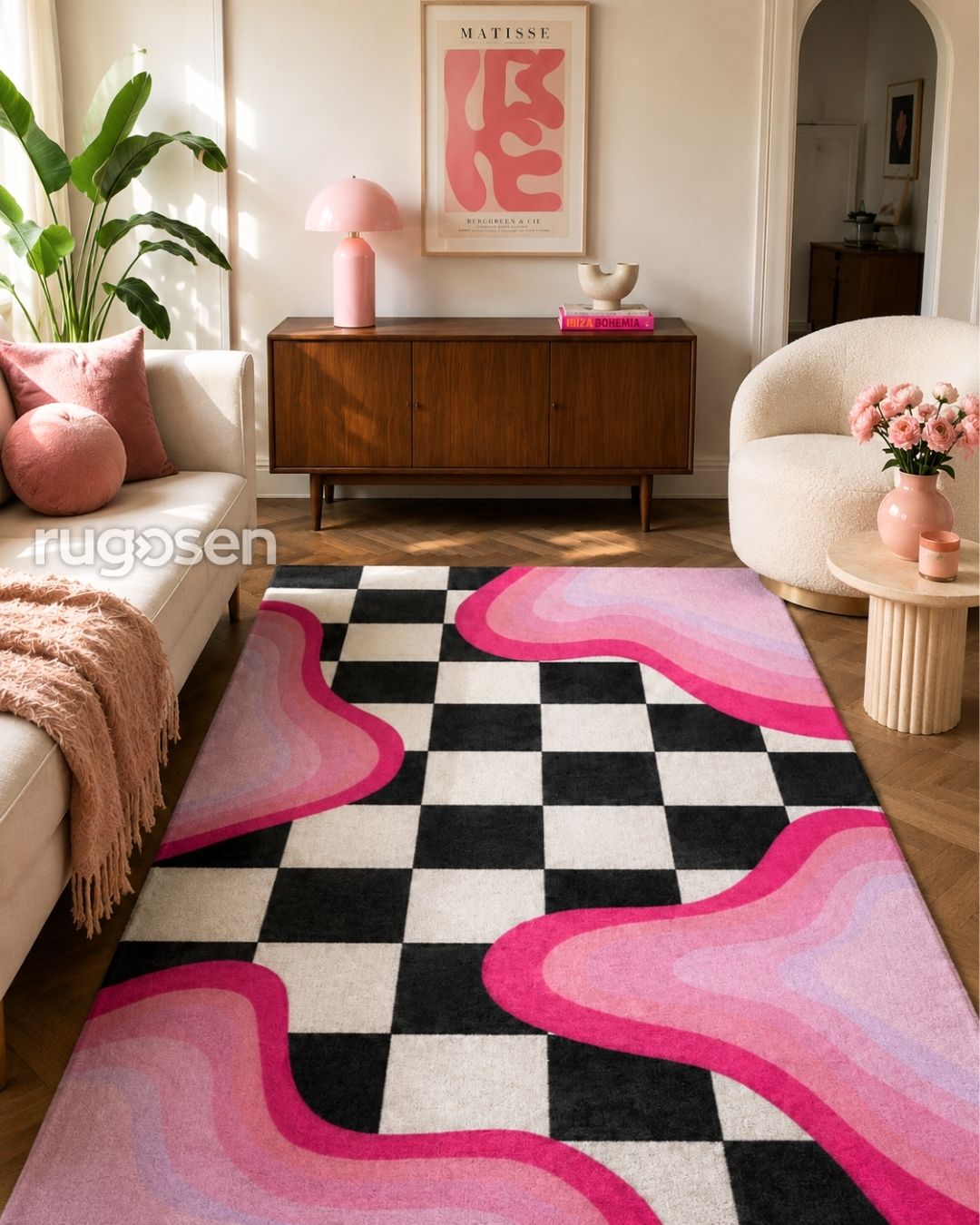 Pink Dama - Kaymaz Taban - Damalı Desen Modern Halı