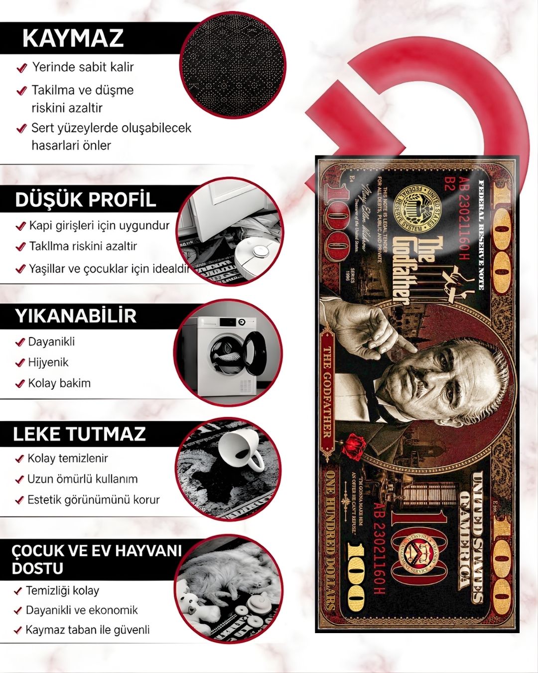 The Godfather Red Dollar X Özel Tasarım Kaymaz Taban Halı