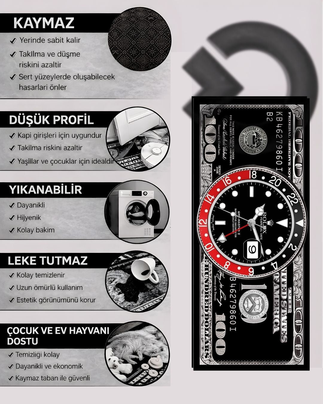 Saat Tasarımlı Dolar X Özel Tasarım Kaymaz Taban Halı